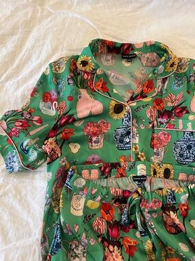 Karen Mabon Green Floral Satin Pajama Set